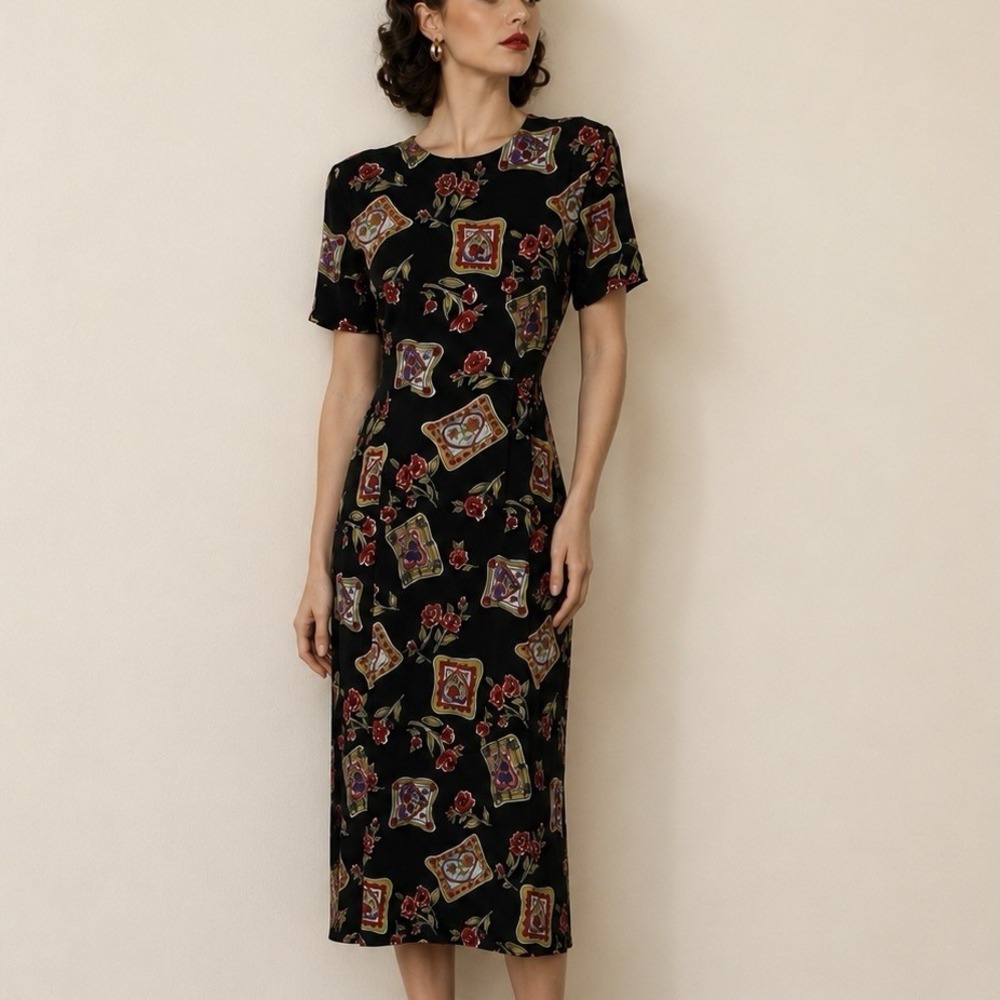 Vintage 90's Does 40's Novelty Print Dress Black Size Petite Small Retro Grunge